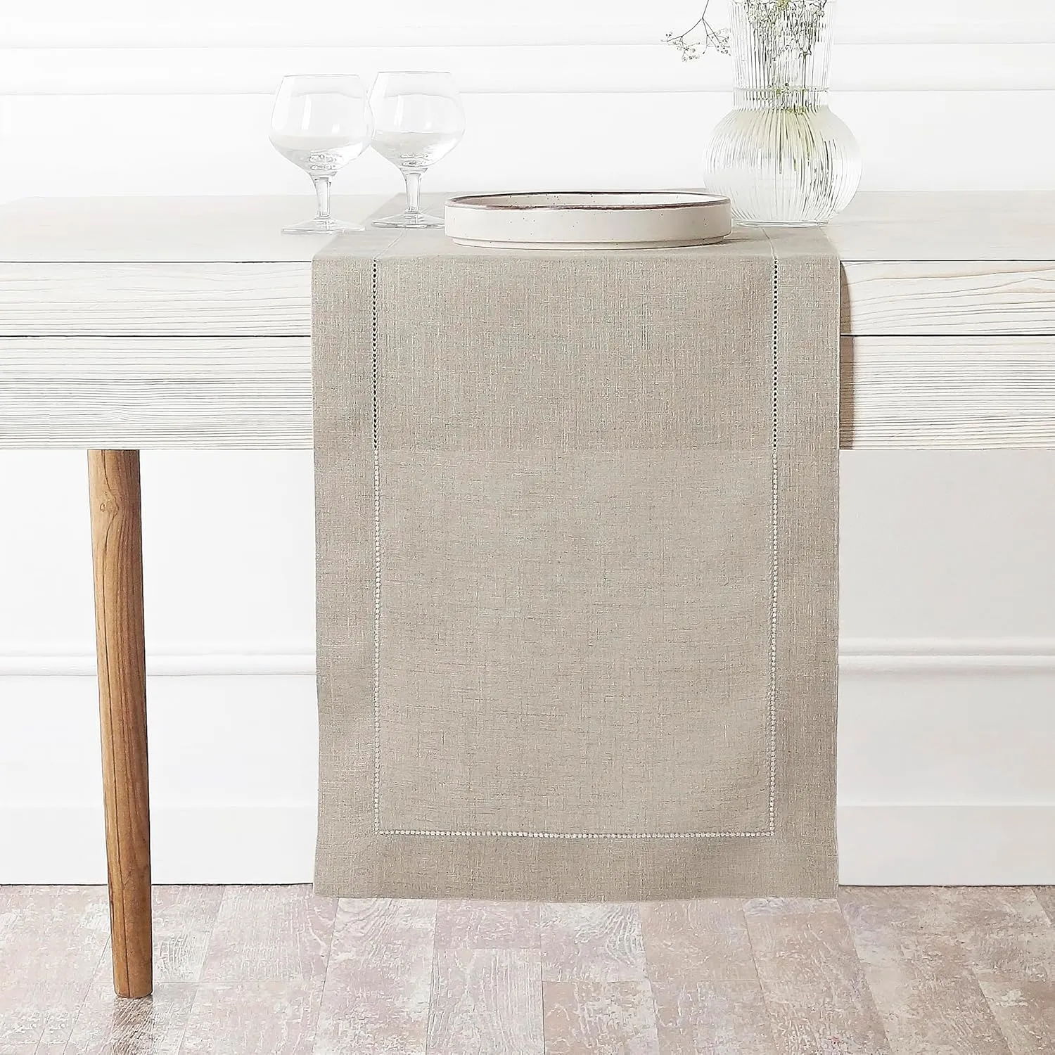 D'Moksha Homes Linen Table Runner 14 x 36 Inch - 100% European Flax Linen Classic Hemstitch Natural Table Runner - Machine Washable Farmhouse Table Runner for Summer