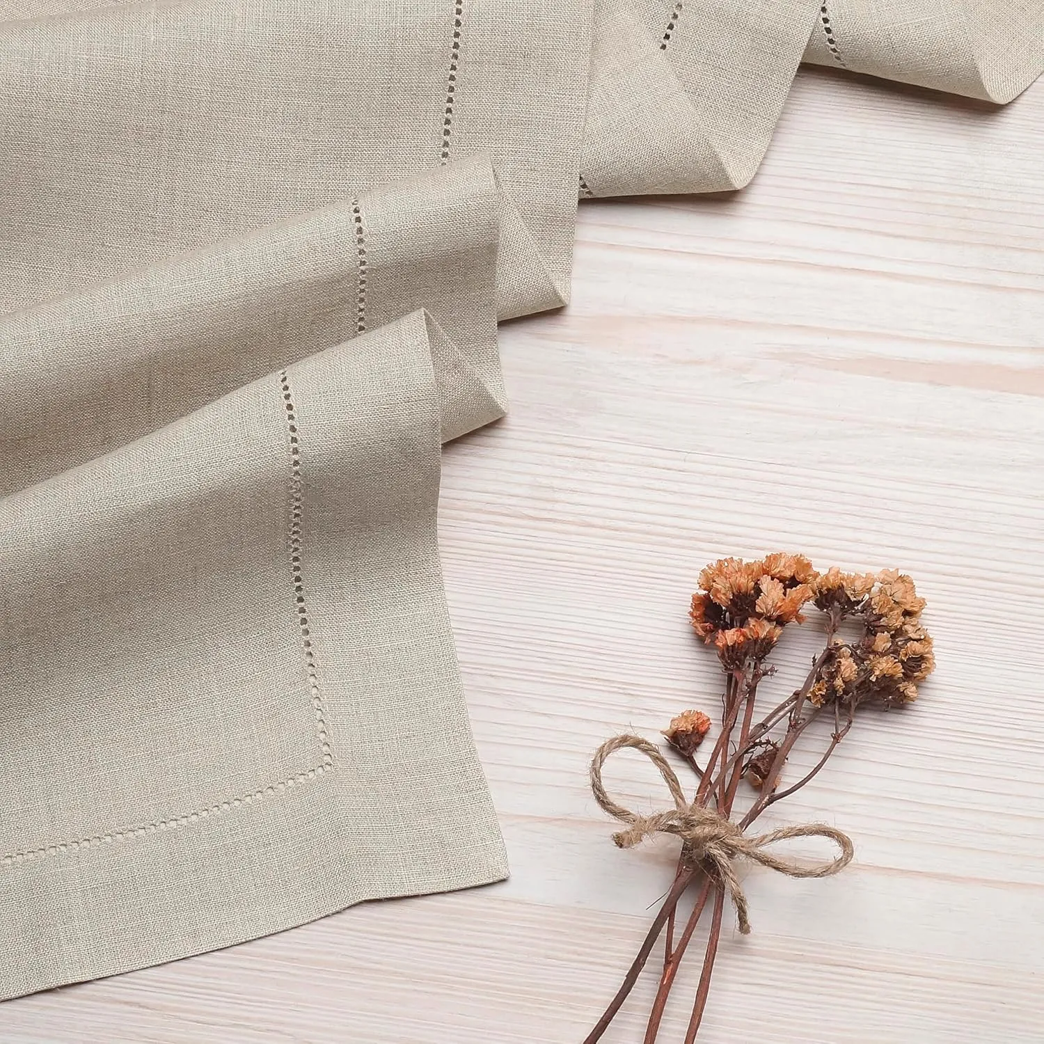 D'Moksha Homes Linen Table Runner 14 x 36 Inch - 100% European Flax Linen Classic Hemstitch Natural Table Runner - Machine Washable Farmhouse Table Runner for Summer