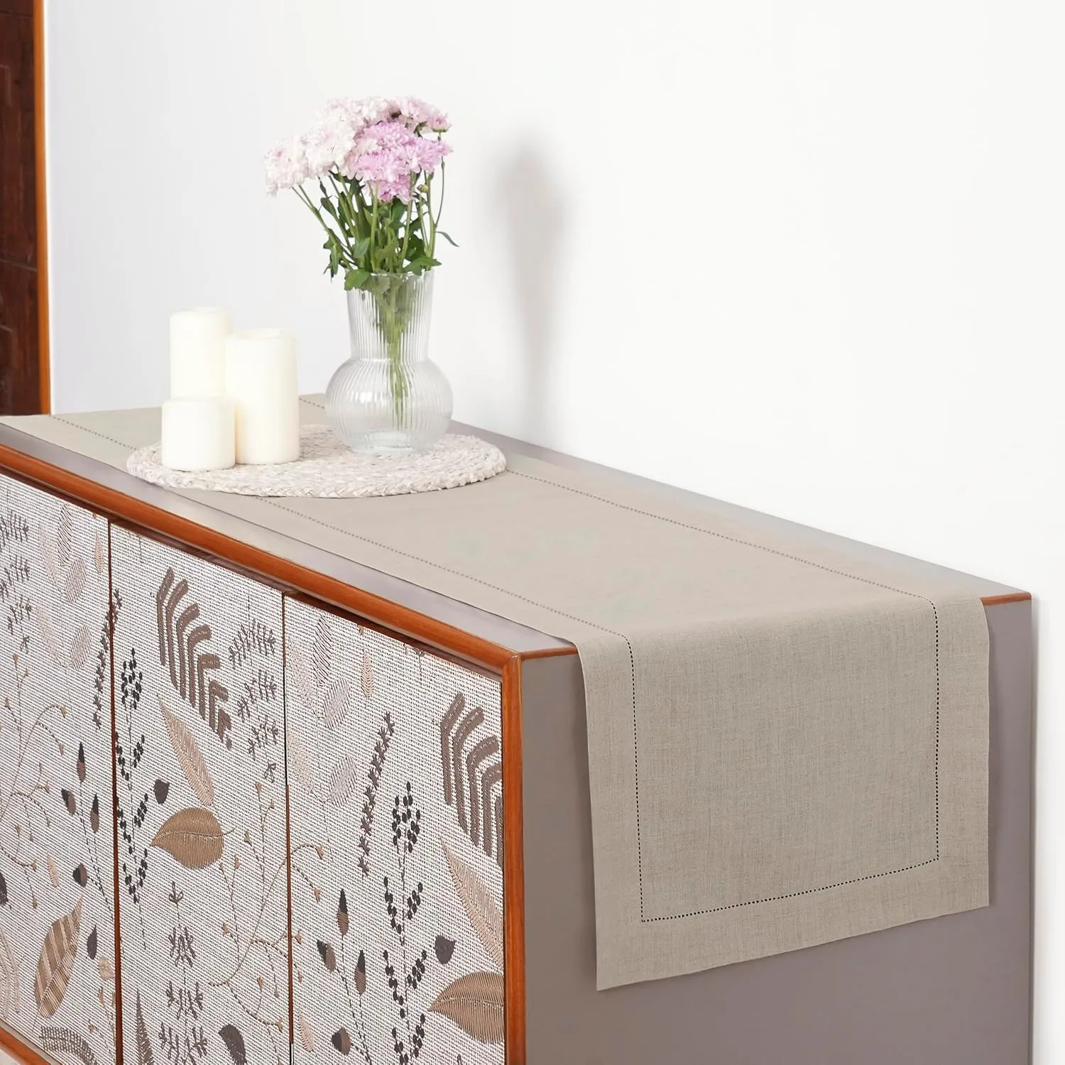 D'Moksha Homes Linen Table Runner 14 x 36 Inch - 100% European Flax Linen Classic Hemstitch Natural Table Runner - Machine Washable Farmhouse Table Runner for Summer