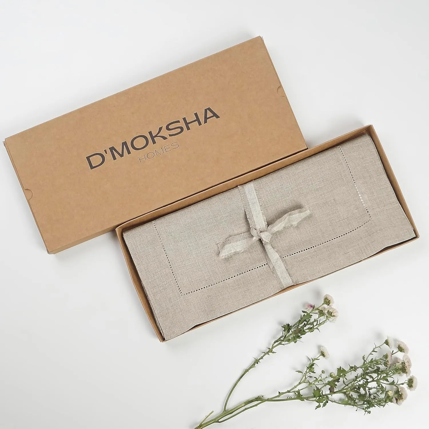 D'Moksha Homes Linen Table Runner 14 x 36 Inch - 100% European Flax Linen Classic Hemstitch Natural Table Runner - Machine Washable Farmhouse Table Runner for Summer