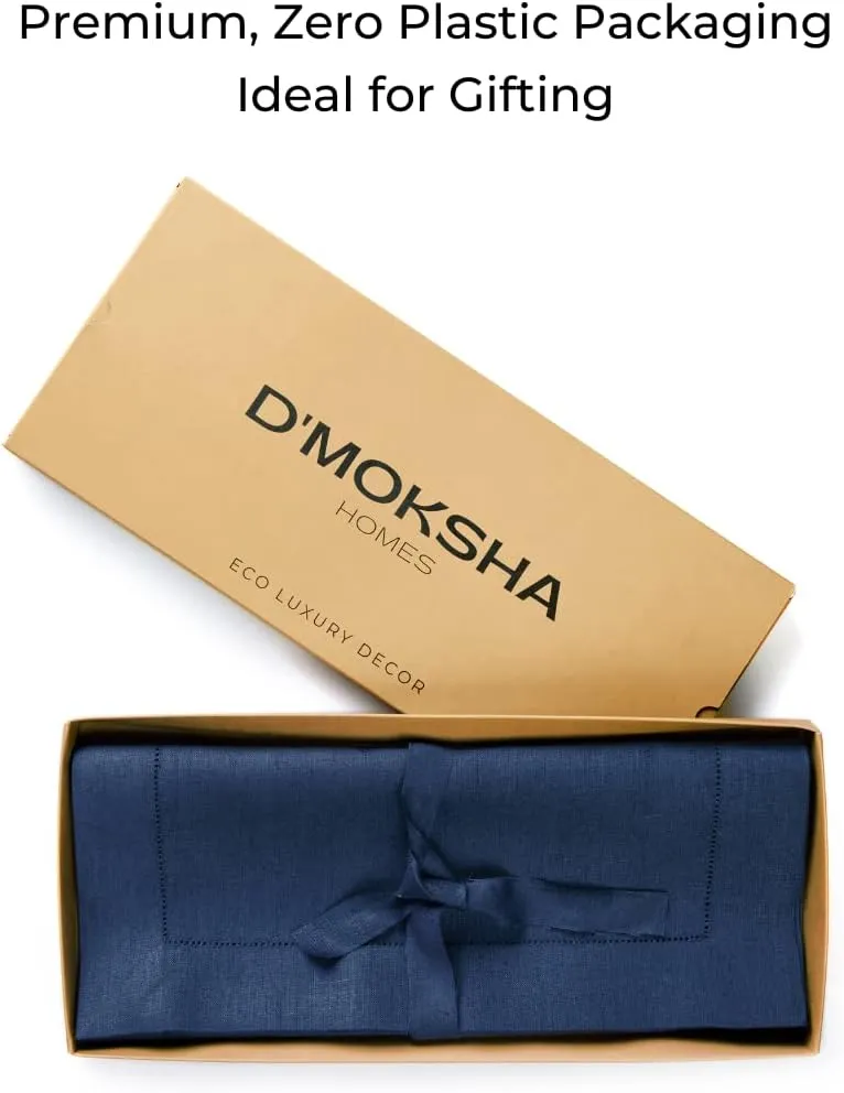 D'Moksha Homes Linen Table Runner 14 x 36 Inch - 100% Pure Linen Classic Hemstitch Navy Blue Table Runner - Machine Washable Farmhouse Table Runner for 4th of July