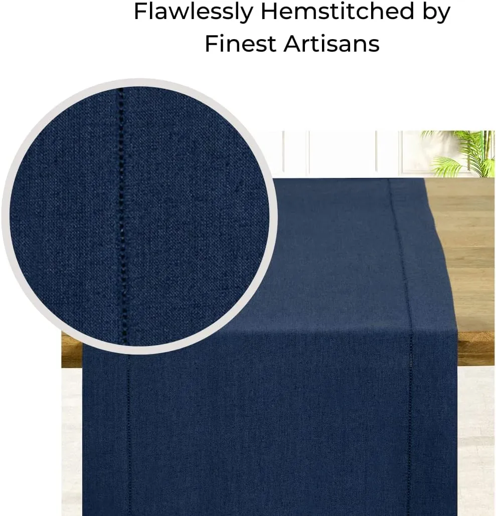 D'Moksha Homes Linen Table Runner 14 x 36 Inch - 100% Pure Linen Classic Hemstitch Navy Blue Table Runner - Machine Washable Farmhouse Table Runner for 4th of July