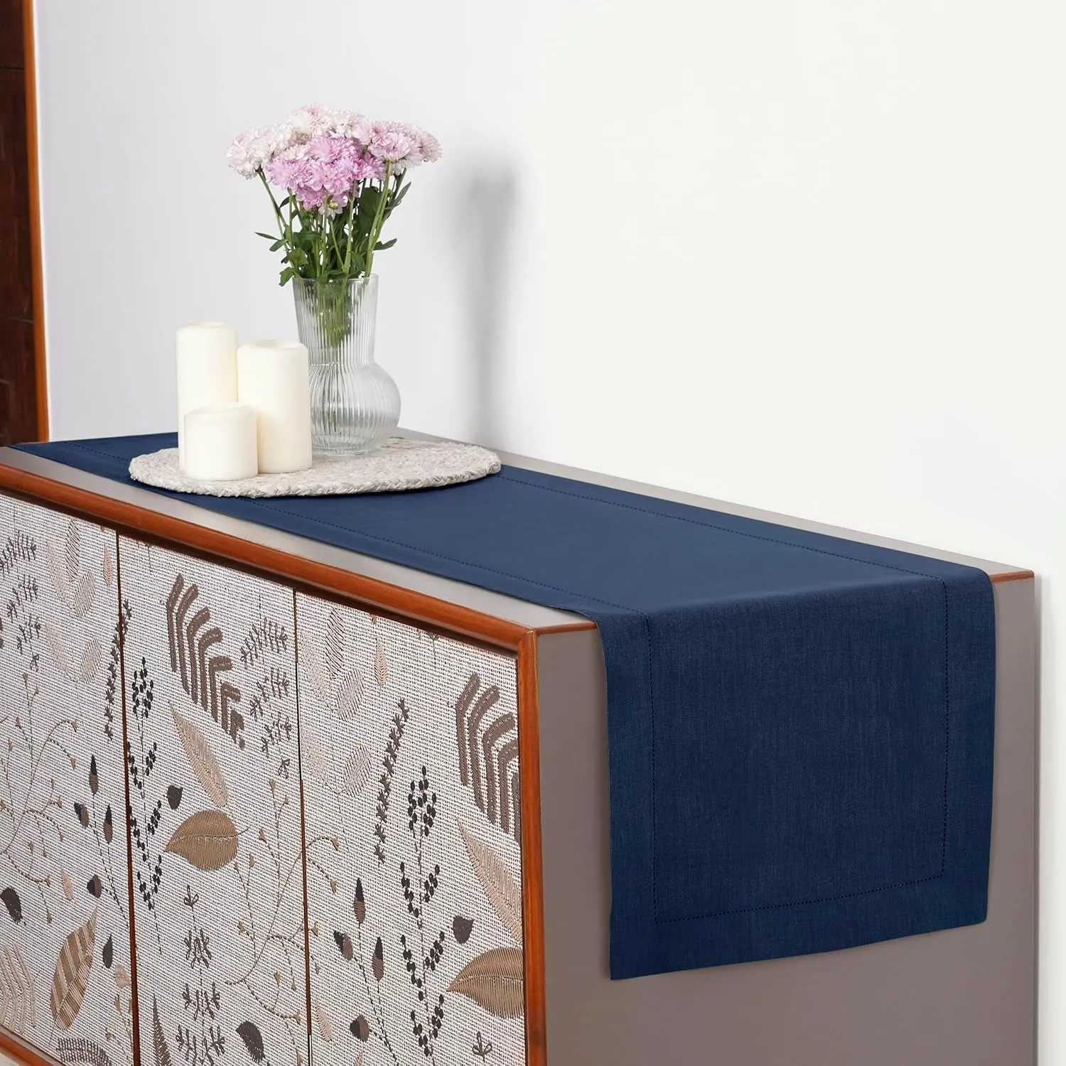 D'Moksha Homes Linen Table Runner 14 x 36 Inch - 100% Pure Linen Classic Hemstitch Navy Blue Table Runner - Machine Washable Farmhouse Table Runner for 4th of July