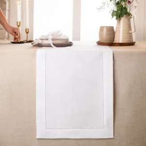 D'Moksha Homes Linen Table Runner 14 x 36 Inch - 100% Pure Linen Classic Hemstitch White Table Runner - Machine Washable Farmhouse Table Runner for 4th of July