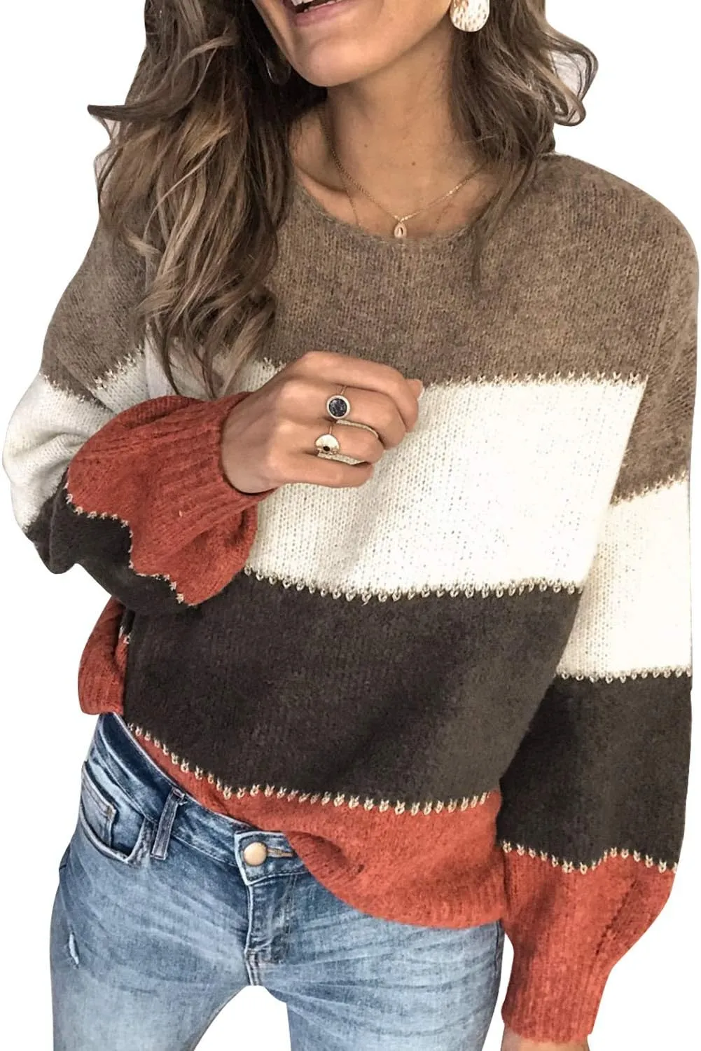 Dokotoo Womens Color Block Sweaters Long Sleeve Crewneck Pullover Knit Jumper Tops