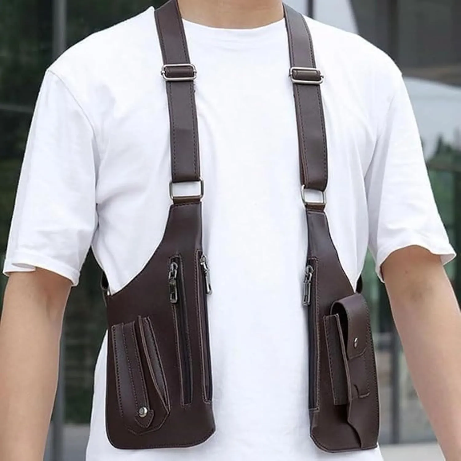 Double Shoulder Armpit Bag for Men, Multi-Pocket Anti-Theft Bag with Double Shoulder Straps, Underarm Leisure Backpack (Brown)