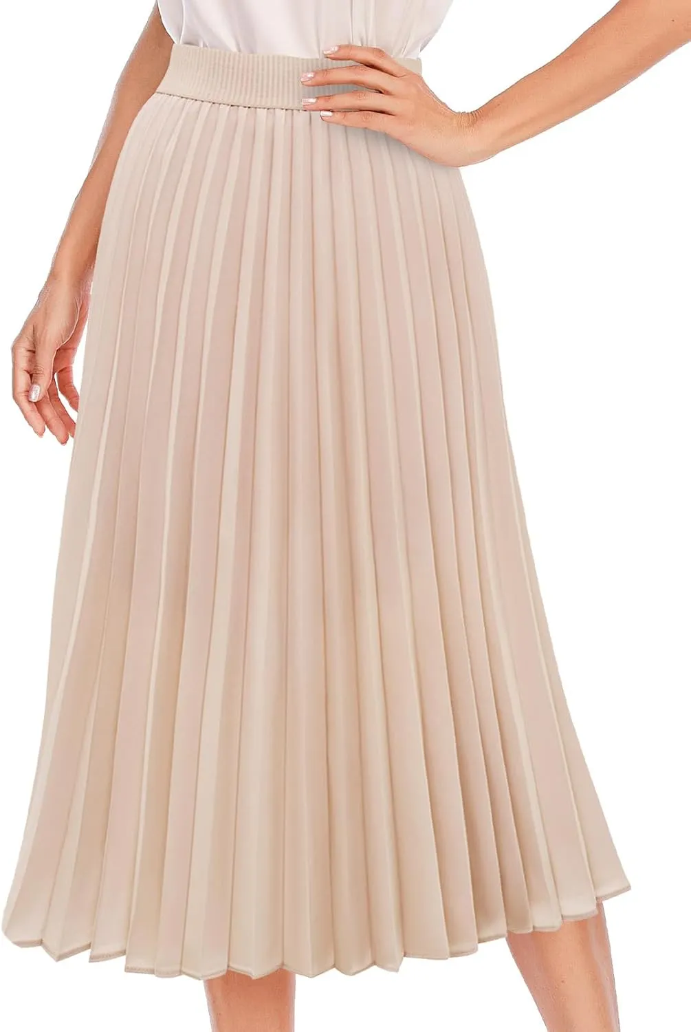 DRESSTELLS Pleated Midi Skirts for Women, Aline Long High Elastic Waisted Summer Flowy Chiffon Swing Skirt