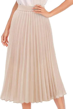 DRESSTELLS Pleated Midi Skirts for Women, Aline Long High Elastic Waisted Summer Flowy Chiffon Swing Skirt