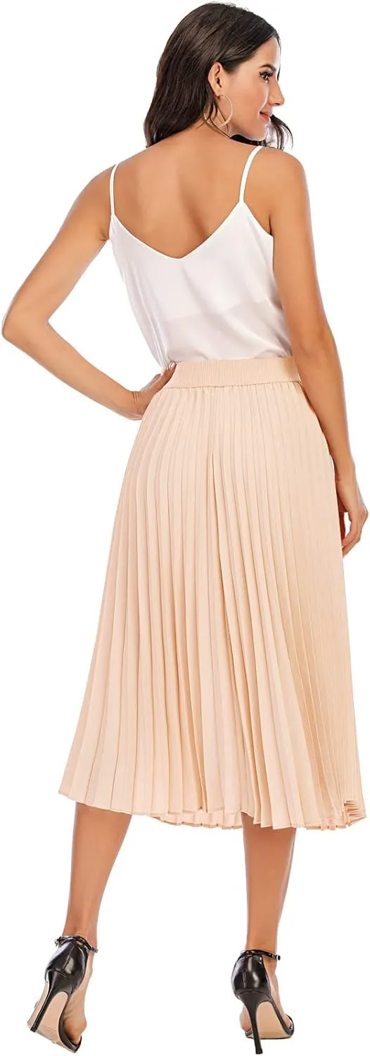 DRESSTELLS Pleated Midi Skirts for Women, Aline Long High Elastic Waisted Summer Flowy Chiffon Swing Skirt