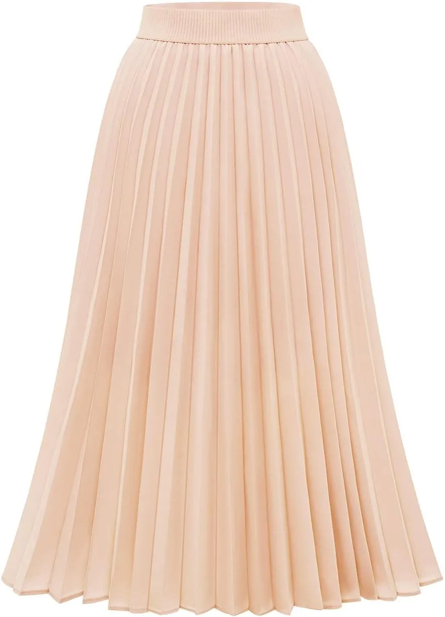 DRESSTELLS Pleated Midi Skirts for Women, Aline Long High Elastic Waisted Summer Flowy Chiffon Swing Skirt