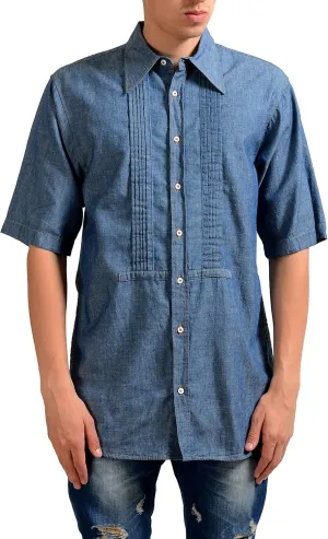 DSQUARED2 Men's Blue Linen Pleated Short Sleeve Casual Shirt US S IT 48