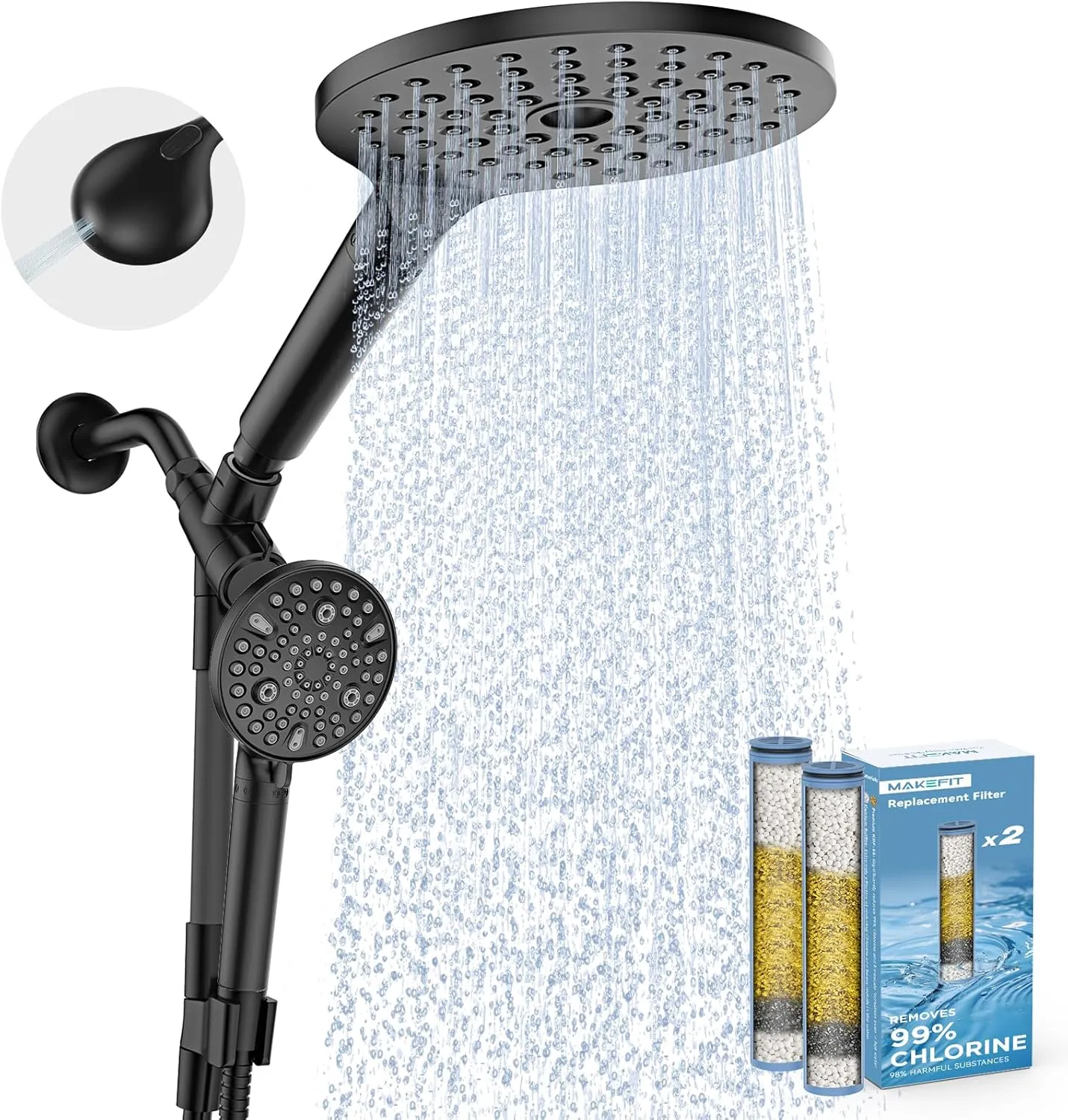 Dual Filtered Rain Shower Head Combo, High Pressure Handheld Shower Head with Adjustable Bar - Rainfall Shower Head And Showerhead with Filter for Hard Water - Removes Chlorine