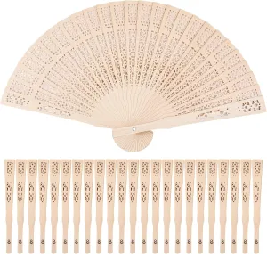 Durony 24 Piece Sandalwood Fans - Wooden Handheld Folding Fans, Scented, Vintage, for Wedding Decoration & Christmas Gifts, Natural