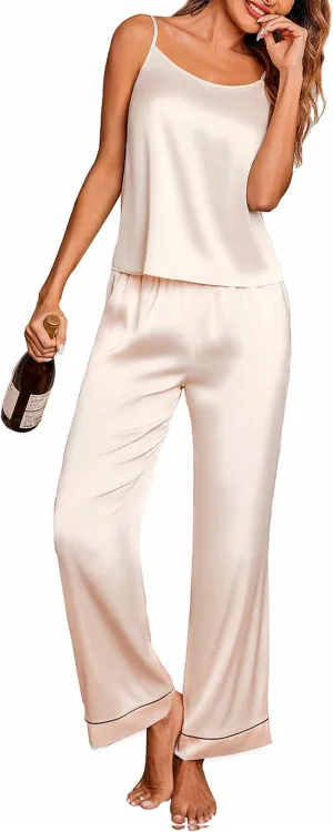 Ekouaer Women Silk Satin Pajamas Sleeveless Pjs Set 2 Piece Summer Loungewear Sleepwear with Pockets S-XXL