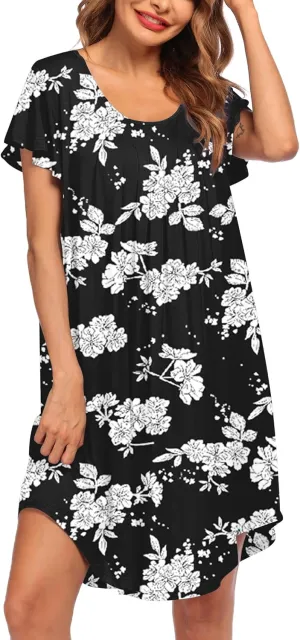 Ekouaer Womens Nightgown Soft Sleepwear Pleated Sleepshirt Sleep Dress Short Sleeve Nightdress S-3XL