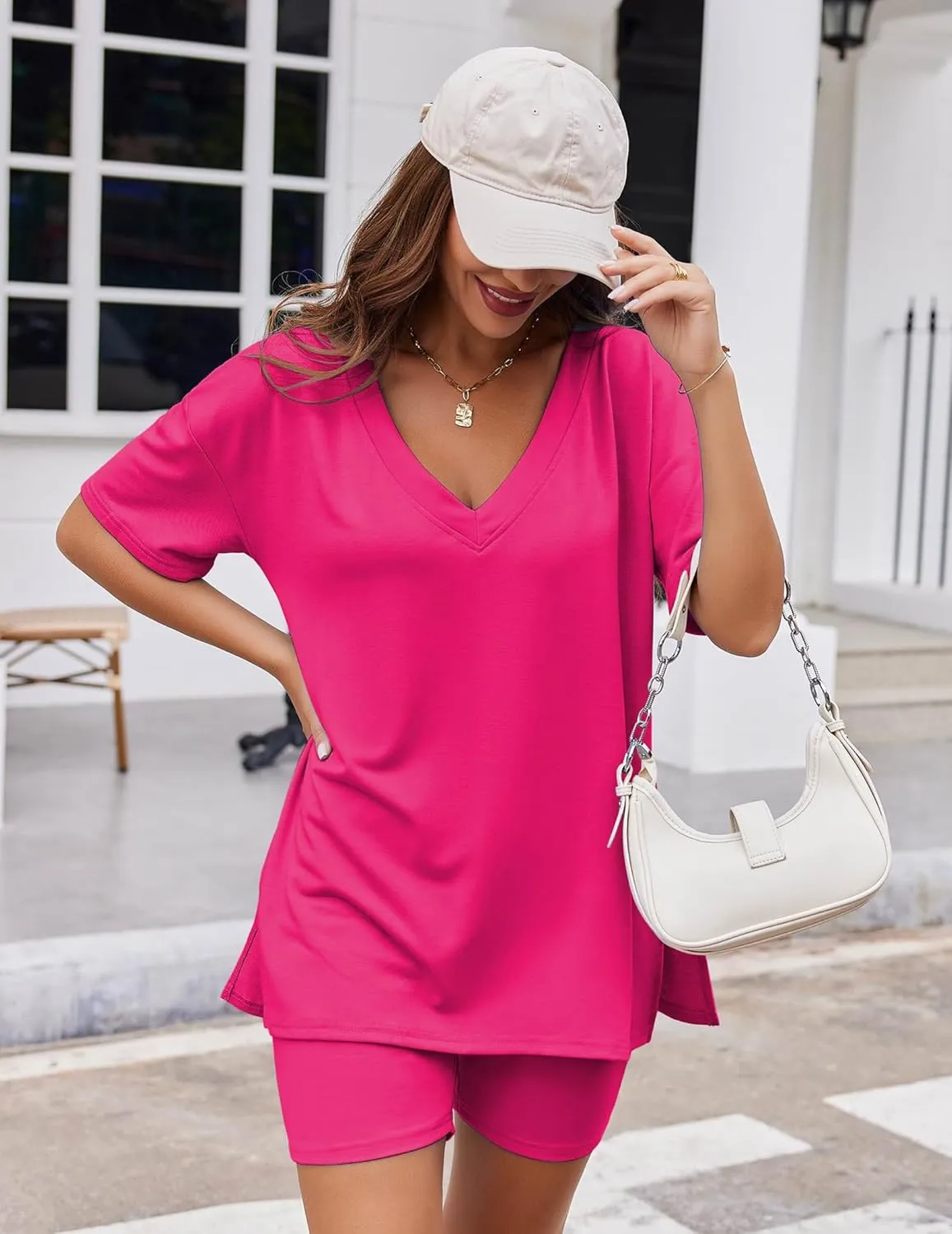 Ekouaer Womens Pajamas 2 Piece Lounge Sets Oversized V Neck T-Shirts Tops Biker Shorts Set Workout Reversible Tracksuit S-XXL