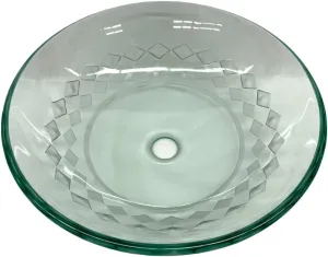 Elegant Handmade Round Circular Pattern Bathroom Sink Tempered Clear Glass Unique Carved Pattern Handmade Vessel Bowl Set with Pop up Drain and metal ring in Chrome Finish