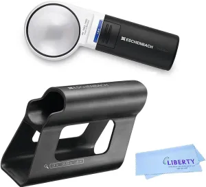 Eschenbach Optik Mobilux LED Handheld Magnifier with Mobase Stand - Hands Free Magnifier with Light and Stand - Low Vision Magnifier Aid with Liberty Microfiber Cloth (3X), (1511-2)