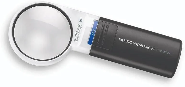 Eschenbach Optik Mobilux LED Handheld Magnifier with Mobase Stand - Hands Free Magnifier with Light and Stand - Low Vision Magnifier Aid with Liberty Microfiber Cloth (3X), (1511-2)