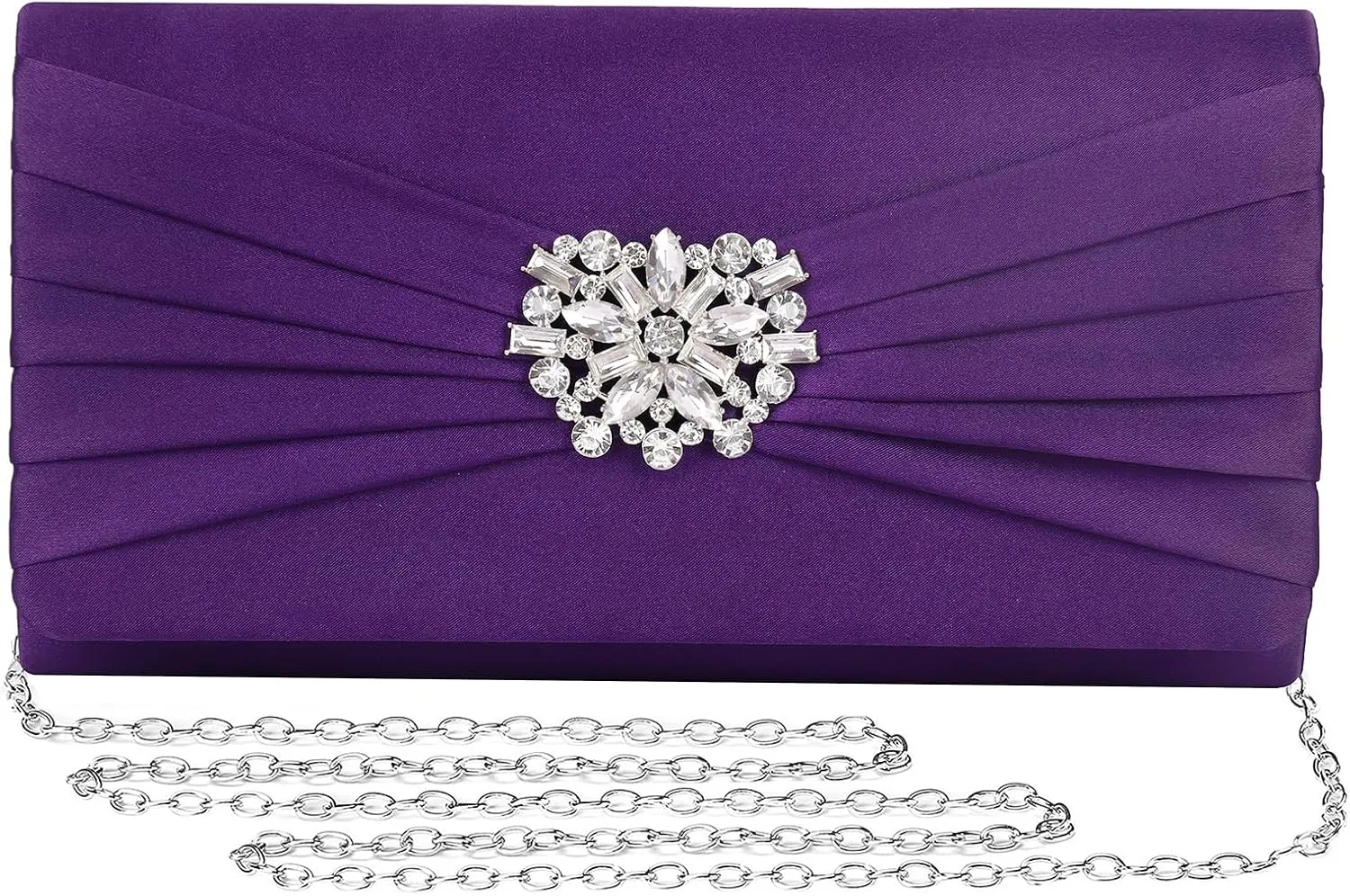 Evening Bags For Women Pleated Satin Rhinestone Brooch Prom Clutch Purse With Detachable Chain Strap
