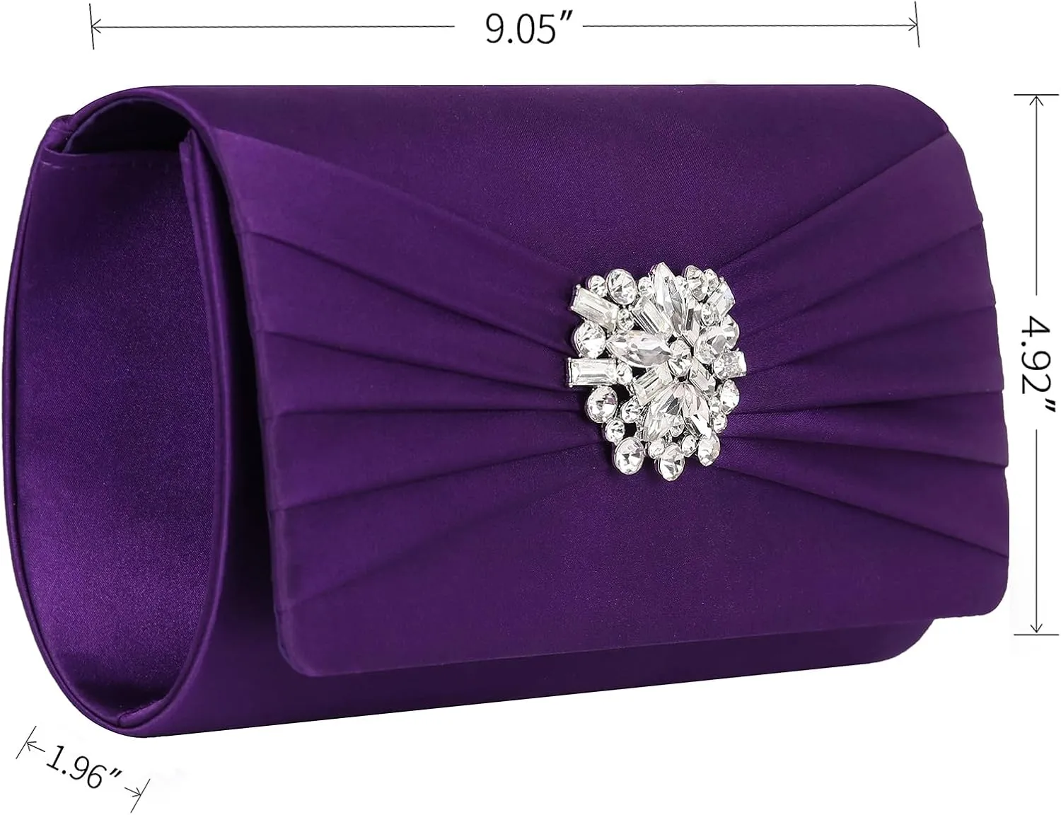 Evening Bags For Women Pleated Satin Rhinestone Brooch Prom Clutch Purse With Detachable Chain Strap