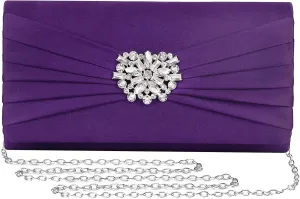 Evening Bags For Women Pleated Satin Rhinestone Brooch Prom Clutch Purse With Detachable Chain Strap
