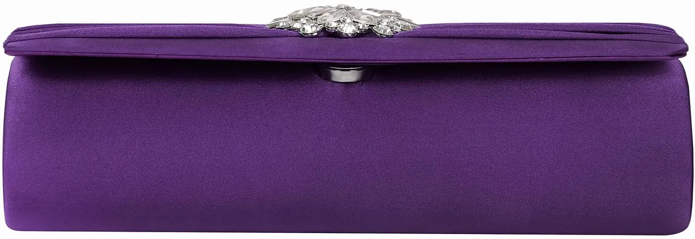 Evening Bags For Women Pleated Satin Rhinestone Brooch Prom Clutch Purse With Detachable Chain Strap