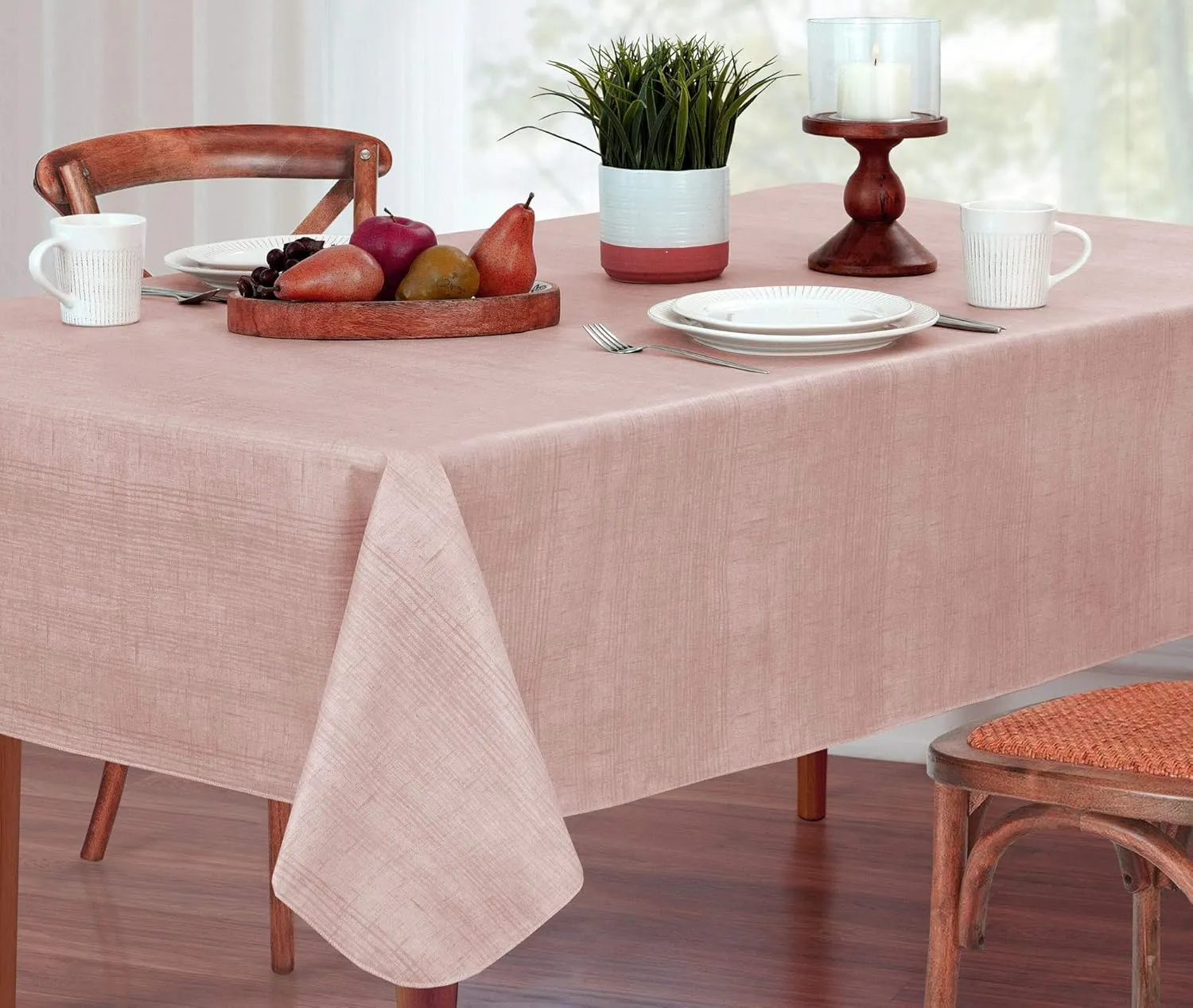 EVERYDAY LUXURIES Sonoma Crosshatch Texture Print Flannel Backed 60" x 102" Oblong (Rectangle), Blush Vinyl Tablecloth