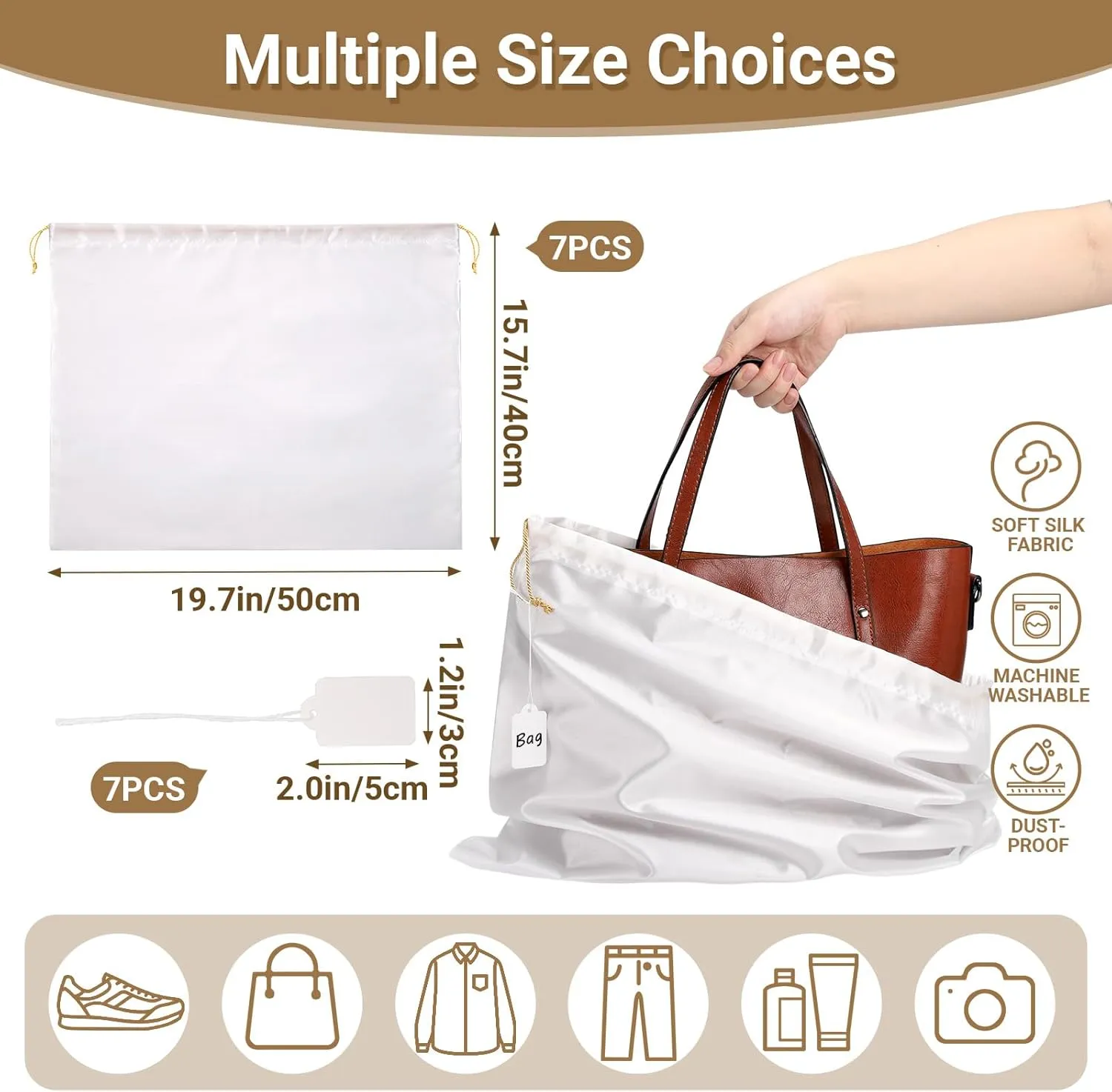 Ewen 19.6x15.7in White Dust Bags for Handbags, 7 Pack of Purse Pouch Bags for Storage, Dustproof Silk Bags with Drawstring for Travel, Satin Covers for Sneakers and Boots, Dust Cover Bag for Clothes