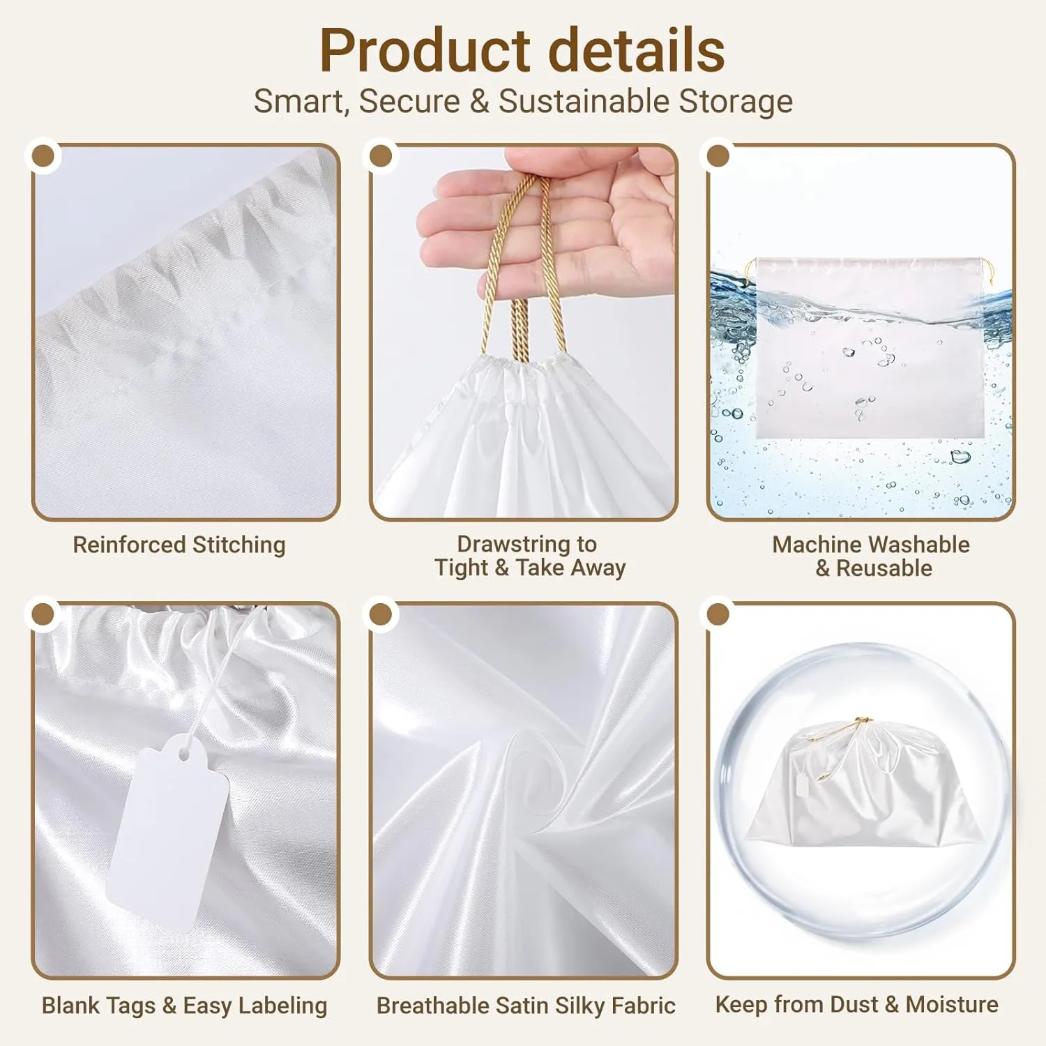 Ewen 19.6x15.7in White Dust Bags for Handbags, 7 Pack of Purse Pouch Bags for Storage, Dustproof Silk Bags with Drawstring for Travel, Satin Covers for Sneakers and Boots, Dust Cover Bag for Clothes