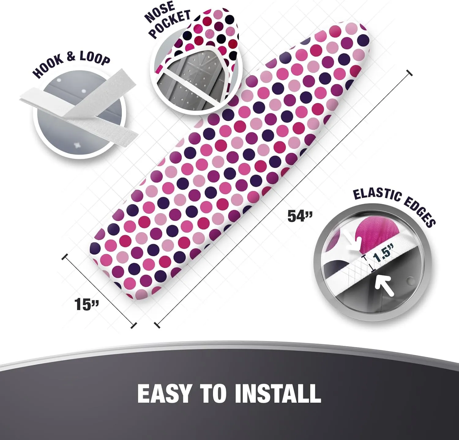 Extra Thick Ironing Board Covers with Pad Standard Size 15x54, Heat Reflective Full Scorch Resistant Padding, Snug Fit Non-Slip Nose Pocket Fastener Straps Elastic Edges, Polka Dots
