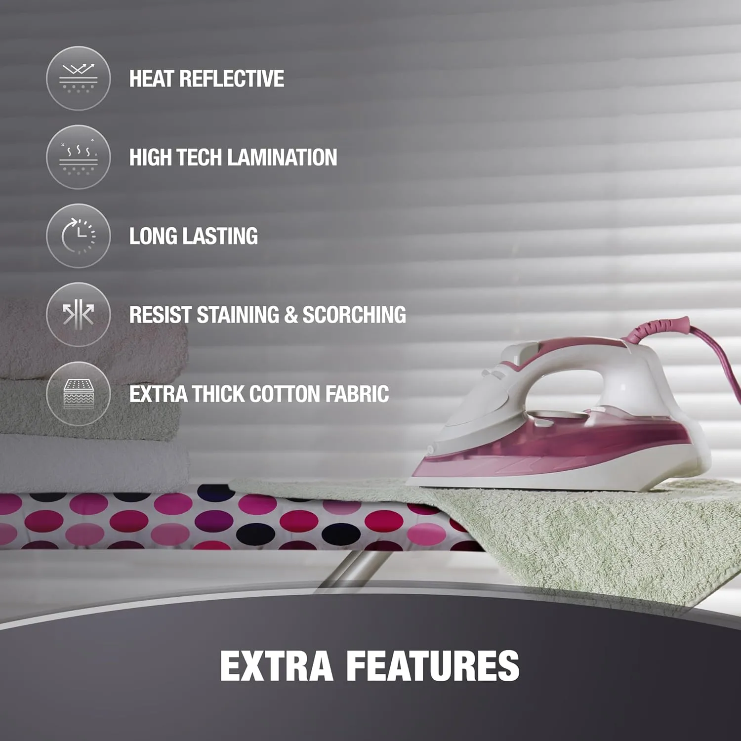 Extra Thick Ironing Board Covers with Pad Standard Size 15x54, Heat Reflective Full Scorch Resistant Padding, Snug Fit Non-Slip Nose Pocket Fastener Straps Elastic Edges, Polka Dots