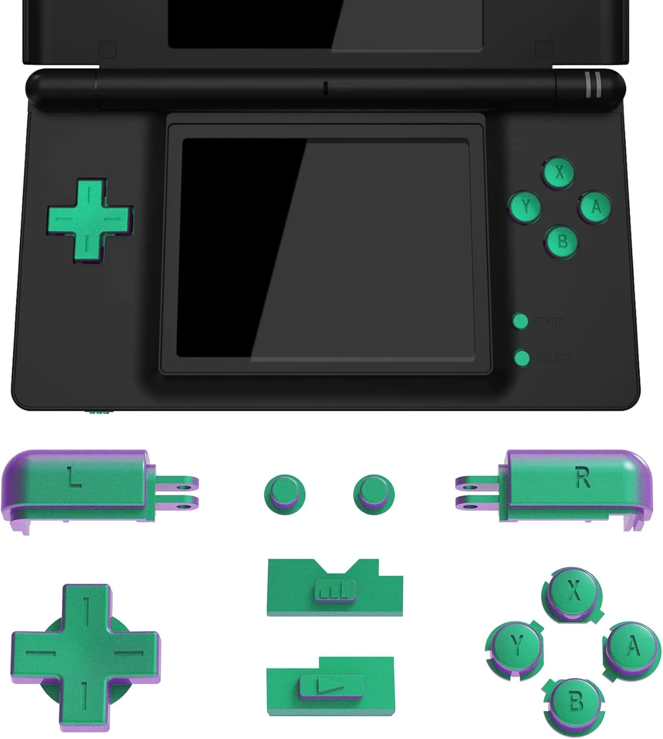 eXtremeRate Chameleon Green Purple Replacement Full Set Buttons for Nintendo DS Lite Handheld Console, Custom D-pad A B X Y Start Select R L Power Volume Keys for Nintendo DS Lite NDSL - No Console