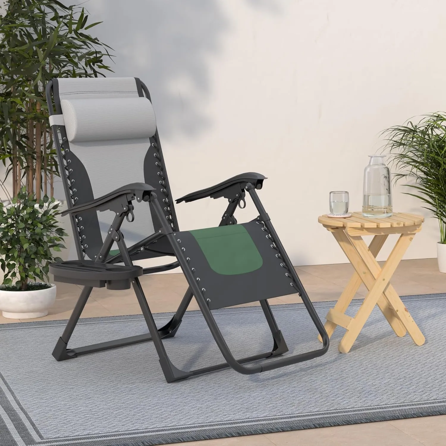 FDW Oversized Padded Zero Gravity Chair Lounge Chair Outdoor Patio Recliner with Cup Holder Adjustable Headrest for Patio Pool Deck Camping Support 380lbs (1, Green)