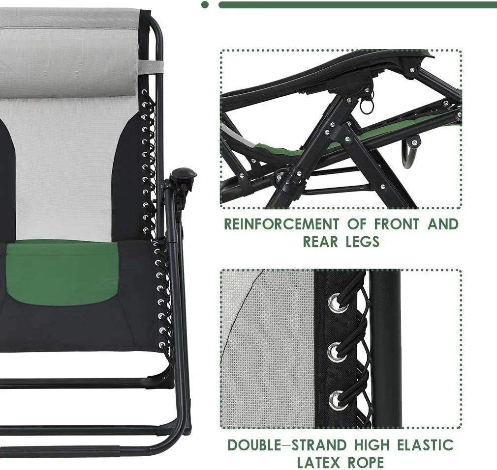 FDW Oversized Padded Zero Gravity Chair Lounge Chair Outdoor Patio Recliner with Cup Holder Adjustable Headrest for Patio Pool Deck Camping Support 380lbs (1, Green)