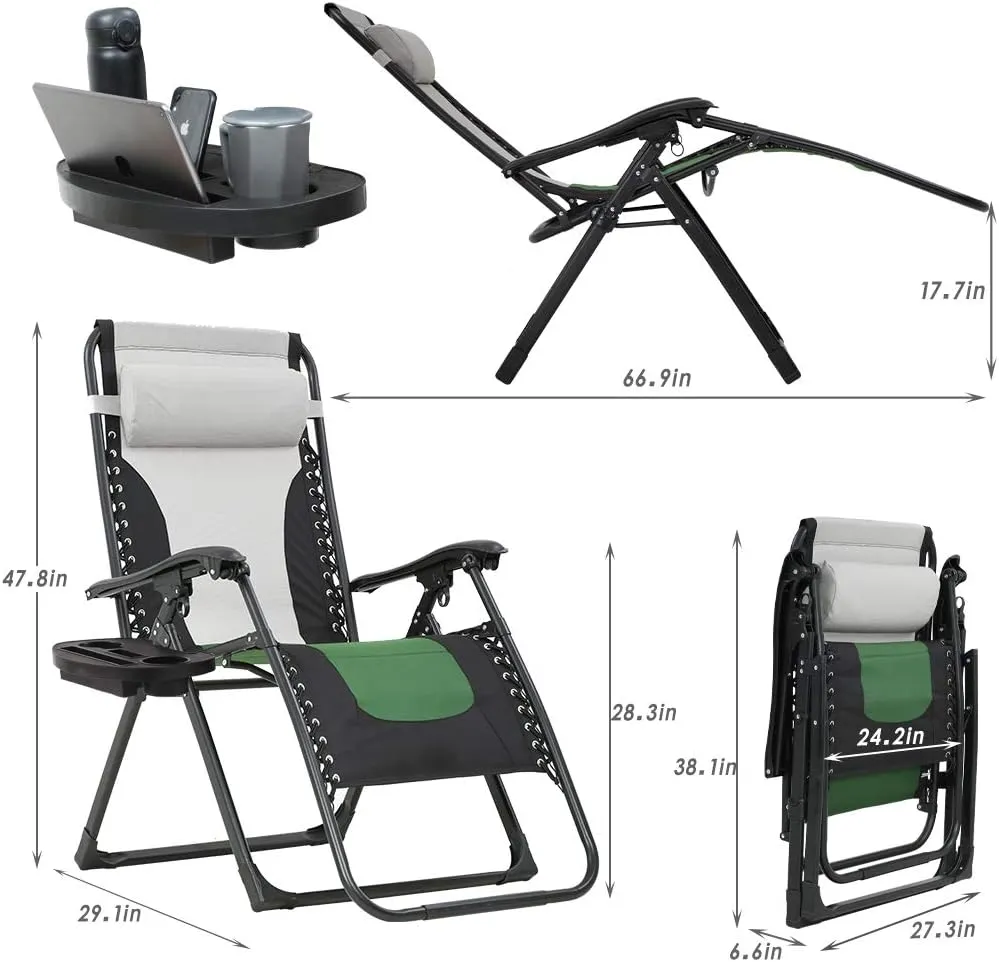 FDW Oversized Padded Zero Gravity Chair Lounge Chair Outdoor Patio Recliner with Cup Holder Adjustable Headrest for Patio Pool Deck Camping Support 380lbs (1, Green)