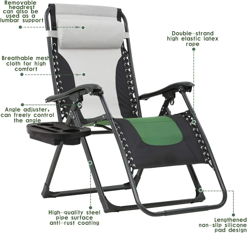 FDW Oversized Padded Zero Gravity Chair Lounge Chair Outdoor Patio Recliner with Cup Holder Adjustable Headrest for Patio Pool Deck Camping Support 380lbs (1, Green)