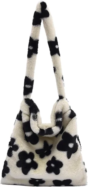 Fluffy Tote Bag Cute Plush Underarm Bag Y2K Furry Flower Heart Fuzzy Shoulder Bag for Women Autumn Winter
