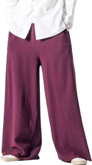 Flygo Mens Linen Pants Casual Wide Leg Baggy Pants Summer Cotton Elastic Waist Yoga Beach Palazzo Trousers