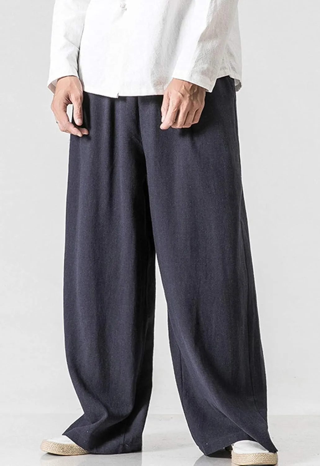 Flygo Mens Linen Pants Casual Wide Leg Baggy Pants Summer Cotton Elastic Waist Yoga Beach Palazzo Trousers