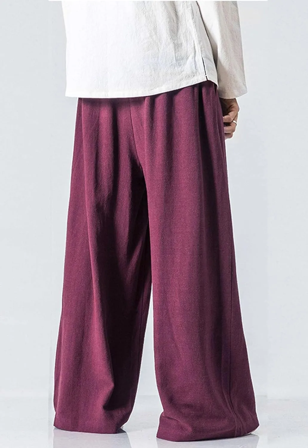 Flygo Mens Linen Pants Casual Wide Leg Baggy Pants Summer Cotton Elastic Waist Yoga Beach Palazzo Trousers