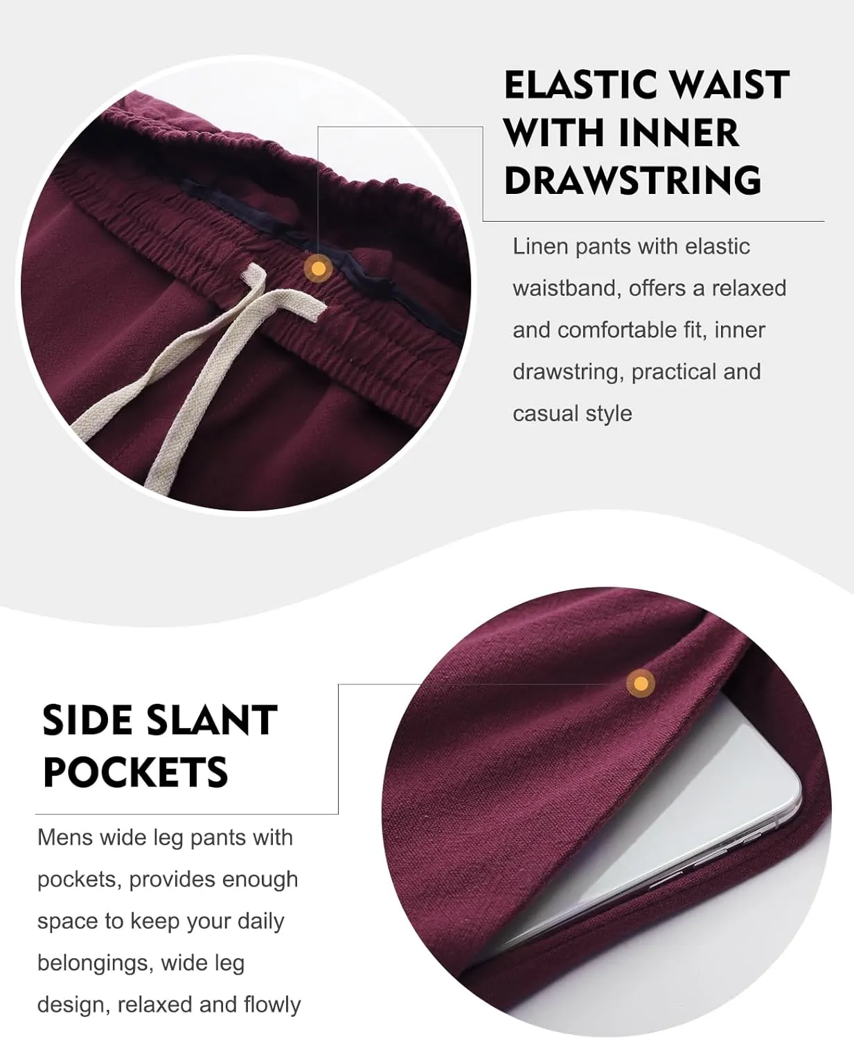 Flygo Mens Linen Pants Casual Wide Leg Baggy Pants Summer Cotton Elastic Waist Yoga Beach Palazzo Trousers