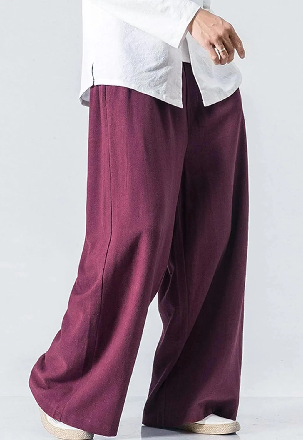 Flygo Mens Linen Pants Casual Wide Leg Baggy Pants Summer Cotton Elastic Waist Yoga Beach Palazzo Trousers