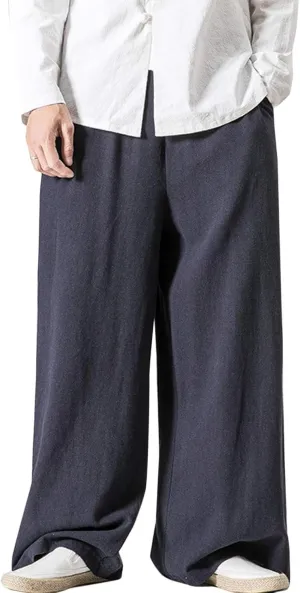 Flygo Mens Linen Pants Casual Wide Leg Baggy Pants Summer Cotton Elastic Waist Yoga Beach Palazzo Trousers