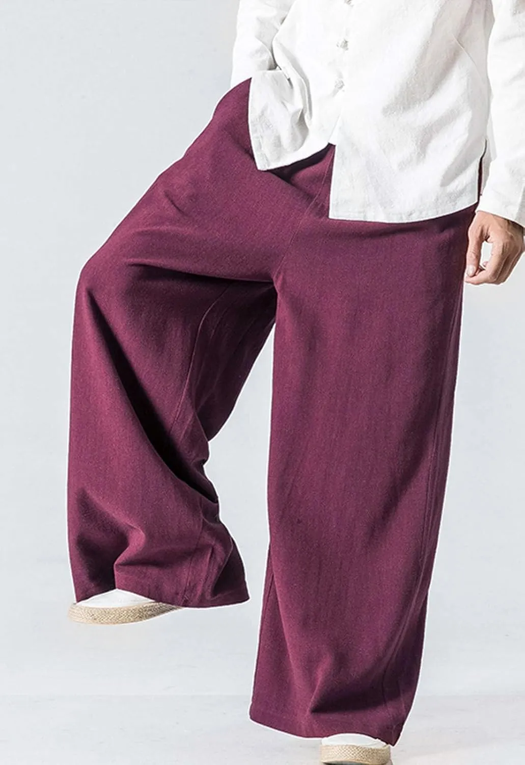 Flygo Mens Linen Pants Casual Wide Leg Baggy Pants Summer Cotton Elastic Waist Yoga Beach Palazzo Trousers