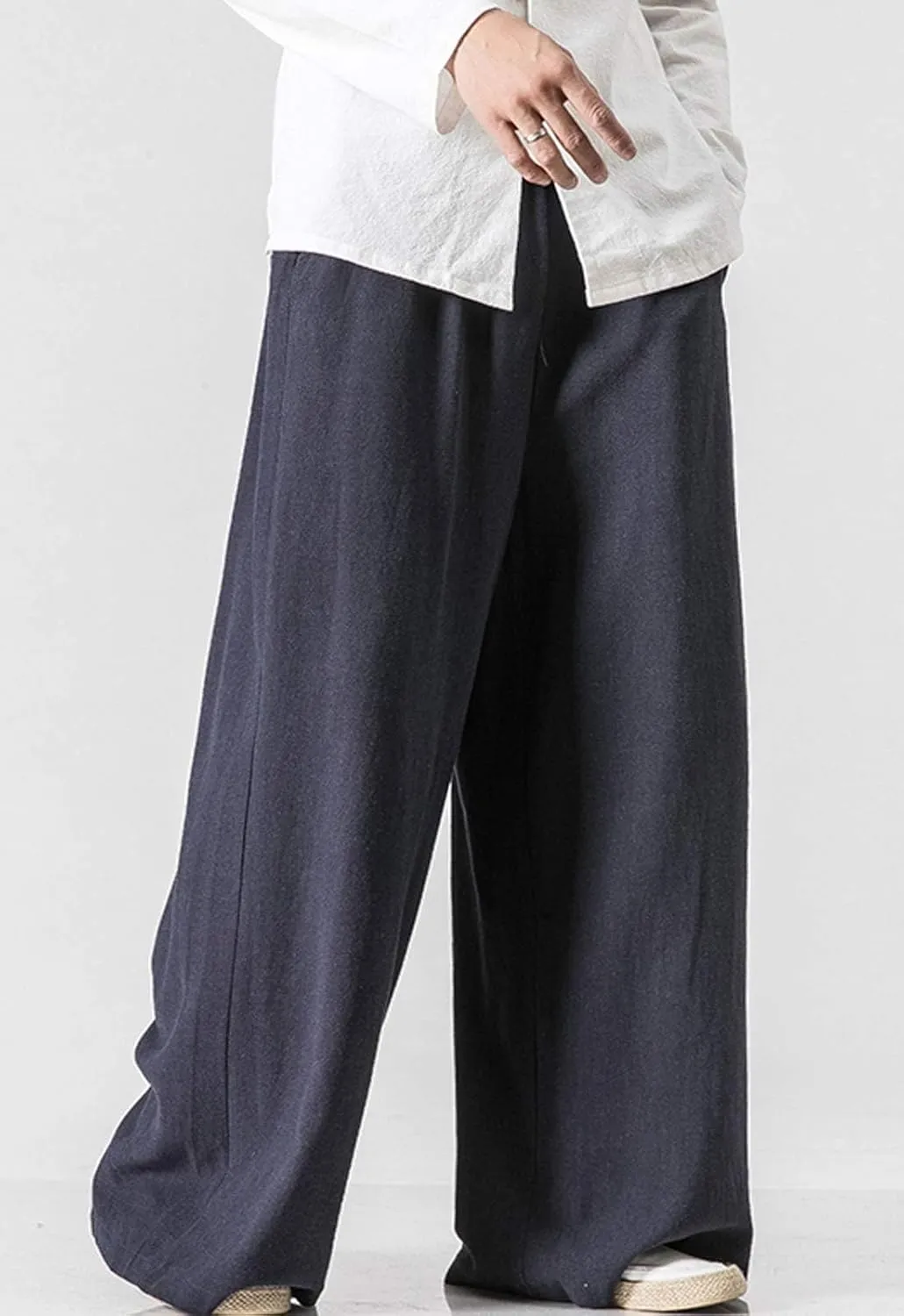Flygo Mens Linen Pants Casual Wide Leg Baggy Pants Summer Cotton Elastic Waist Yoga Beach Palazzo Trousers