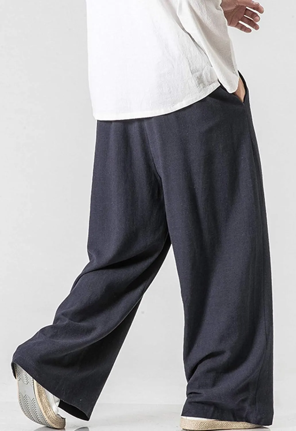 Flygo Mens Linen Pants Casual Wide Leg Baggy Pants Summer Cotton Elastic Waist Yoga Beach Palazzo Trousers