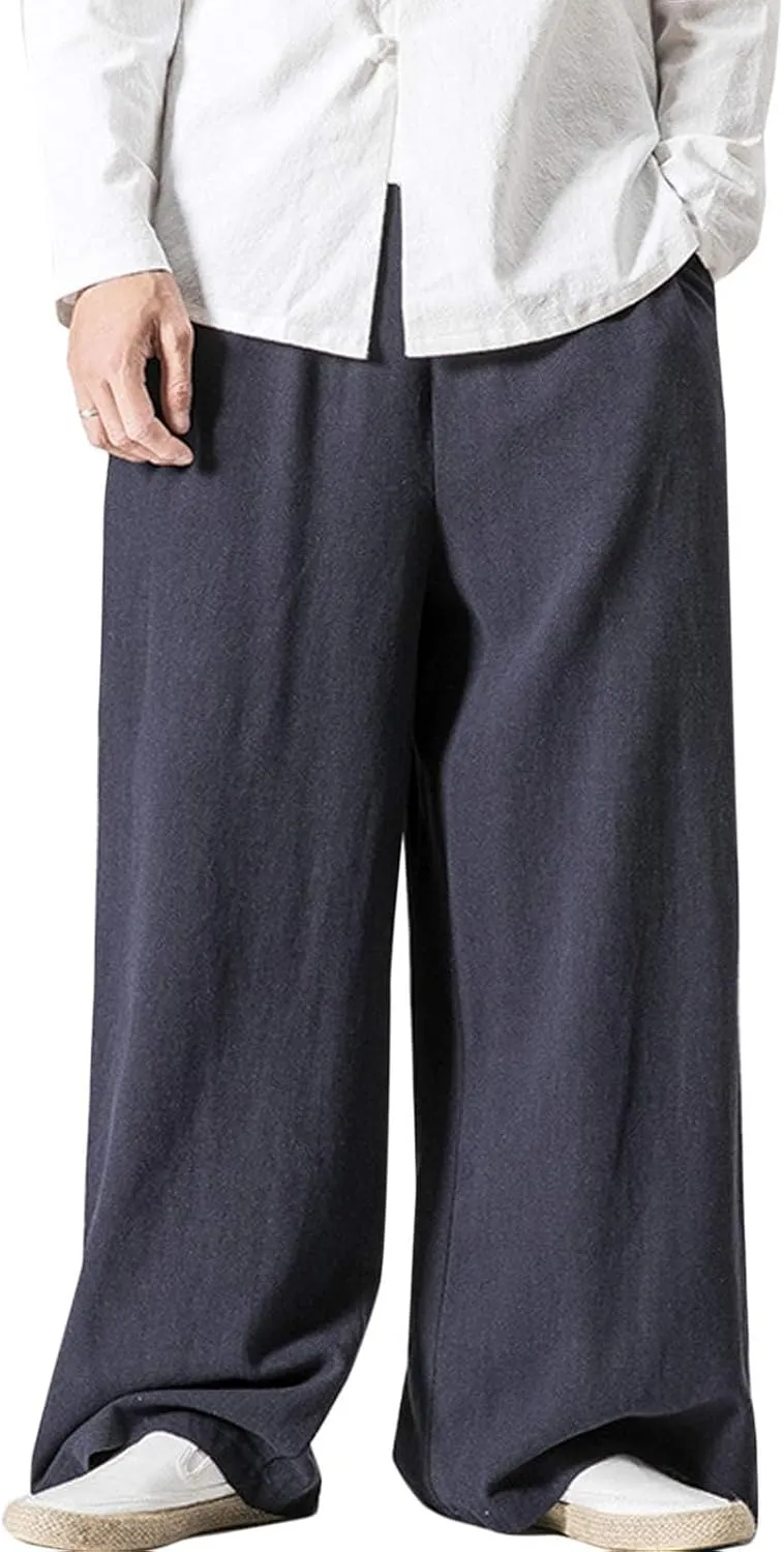 Flygo Mens Linen Pants Casual Wide Leg Baggy Pants Summer Cotton Elastic Waist Yoga Beach Palazzo Trousers