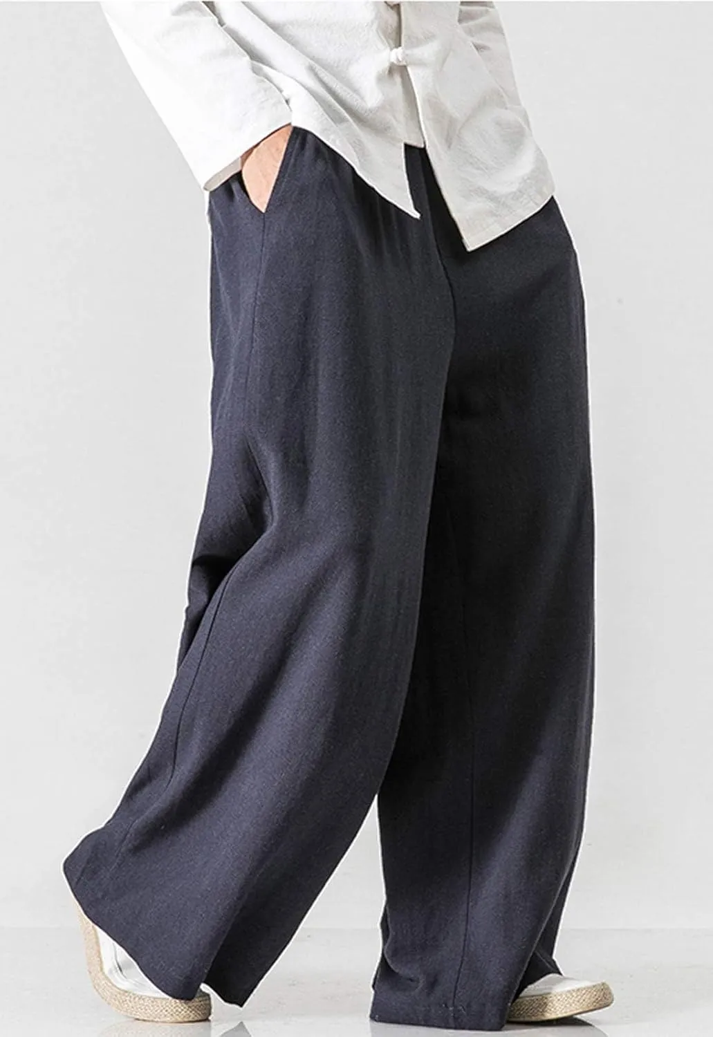 Flygo Mens Linen Pants Casual Wide Leg Baggy Pants Summer Cotton Elastic Waist Yoga Beach Palazzo Trousers