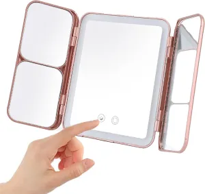 Folding Travel Makeup Mirror, Portable Lighted Vanity Mirror Rechargeable, Tabletop LED Beauty Mirror with Adjustable Lighting for Home Outdoor